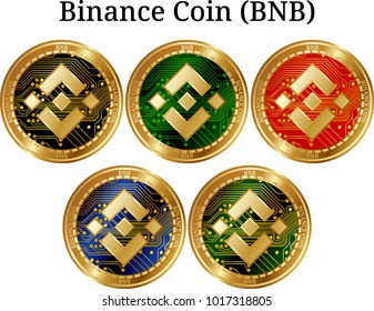 Set of physical golden coin Binance Coin (BNB), digital cryptocurrency. Binance Coin (BNB) icon set. Vector illustration isolated on white background.
