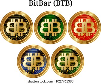 Set of physical golden coin BitBar (BTB), digital cryptocurrency. BitBar (BTB) icon set. Vector illustration isolated on white background.