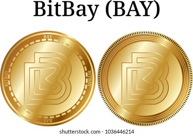 Set of physical golden coin BitBay (BAY), digital cryptocurrency. BitBay (BAY) icon set. Vector illustration isolated on white background.