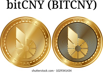Set of physical golden coin Bitcny (BITCHY), digital cryptocurrency. Bitcny (BITCHY) icon set. Vector illustration isolated on white background.
