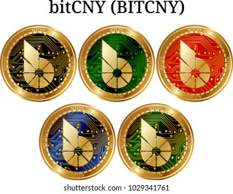 Set of physical golden coin Bitcny (BITCHY), digital cryptocurrency. Bitcny (BITCHY) icon set. Vector illustration isolated on white background.