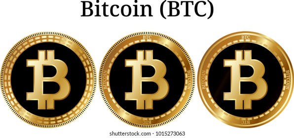 Set of physical golden coin Bitcoin (BTC), digital cryptocurrency. Bitcoin (BTC) icon set. Vector illustration isolated on white background.