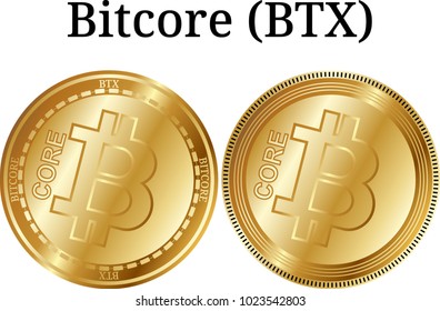 Set of physical golden coin Bitcore (BTX), digital cryptocurrency. Bitcore (BTX) icon set. Vector illustration isolated on white background.