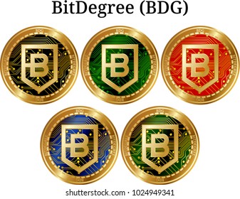 Set of physical golden coin BitDegree (BDG), digital cryptocurrency. BitDegree (BDG) icon set. Vector illustration isolated on white background.