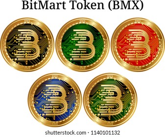 Set of physical golden coin BitMart Token (BMX), digital cryptocurrency.  icon set. Vector illustration isolated on white background.