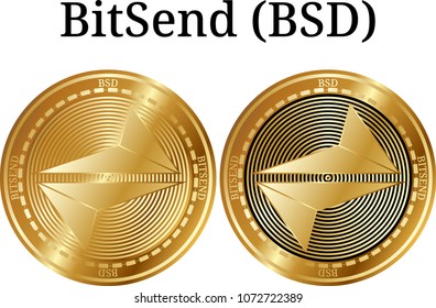 Set of physical golden coin BitSend (BSD), digital cryptocurrency. BitSend (BSD) icon set. Vector illustration isolated on white background.