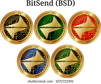 Set of physical golden coin BitSend (BSD), digital cryptocurrency. BitSend (BSD) icon set. Vector illustration isolated on white background.