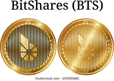 Set of physical golden coin BitShares (BTS), digital cryptocurrency. BitShares (BTS) icon set. Vector illustration isolated on white background.