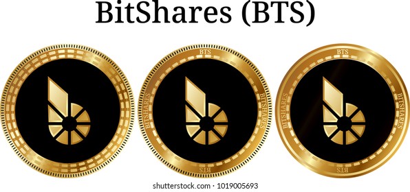 Set of physical golden coin BitShares (BTS), digital cryptocurrency. BitShares (BTS) icon set. Vector illustration isolated on white background.