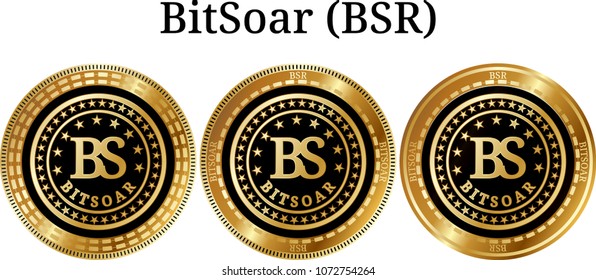 Set of physical golden coin BitSoar (BSR), digital cryptocurrency. BitSoar (BSR) icon set. Vector illustration isolated on white background.