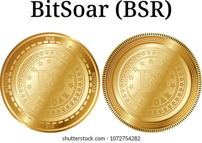Set of physical golden coin BitSoar (BSR), digital cryptocurrency. BitSoar (BSR) icon set. Vector illustration isolated on white background.