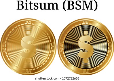 Set of physical golden coin Bitsum (BSM), digital cryptocurrency. Bitsum (BSM) icon set. Vector illustration isolated on white background.