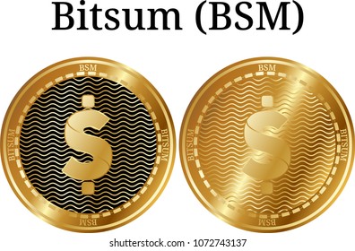 Set of physical golden coin Bitsum (BSM), digital cryptocurrency. Bitsum (BSM) icon set. Vector illustration isolated on white background.