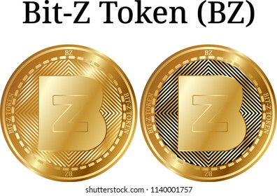 Set of physical golden coin Bit-Z Token (BZ), digital cryptocurrency.  icon set. Vector illustration isolated on white background.