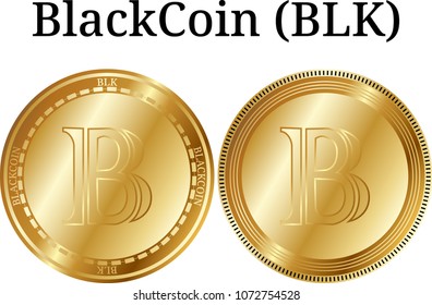 Set of physical golden coin BlackCoin (BLK), digital cryptocurrency. BlackCoin (BLK) icon set. Vector illustration isolated on white background.