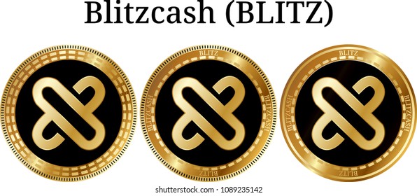 Set of physical golden coin Blitzcash (BLITZ), digital cryptocurrency. Blitzcash (BLITZ) icon set. Vector illustration isolated on white background.