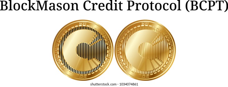 Set of physical golden coin BlockMason Credit Protocol (BCPT), digital cryptocurrency. BlockMason Credit Protocol (BCPT) icon set. Vector illustration isolated on white background.