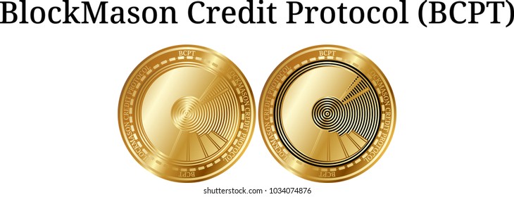 Set of physical golden coin BlockMason Credit Protocol (BCPT), digital cryptocurrency. BlockMason Credit Protocol (BCPT) icon set. Vector illustration isolated on white background.