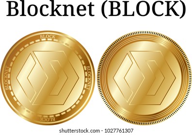 Set of physical golden coin Blocknet (BLOCK), digital cryptocurrency. Blocknet (BLOCK) icon set. Vector illustration isolated on white background.