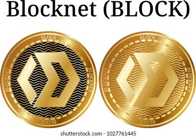 Set of physical golden coin Blocknet (BLOCK), digital cryptocurrency. Blocknet (BLOCK) icon set. Vector illustration isolated on white background.