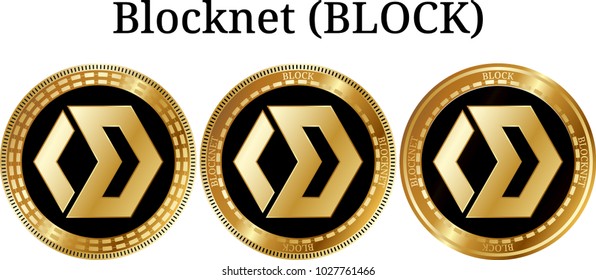 Set of physical golden coin Blocknet (BLOCK), digital cryptocurrency. Blocknet (BLOCK) icon set. Vector illustration isolated on white background.
