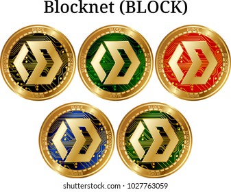 Set of physical golden coin Blocknet (BLOCK), digital cryptocurrency. Blocknet (BLOCK) icon set. Vector illustration isolated on white background.