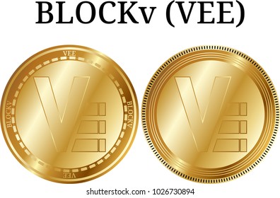 Set of physical golden coin BLOCKv (VEE), digital cryptocurrency. BLOCKv (VEE) icon set. Vector illustration isolated on white background.