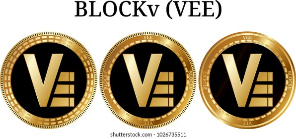Set of physical golden coin BLOCKv (VEE), digital cryptocurrency. BLOCKv (VEE) icon set. Vector illustration isolated on white background.
