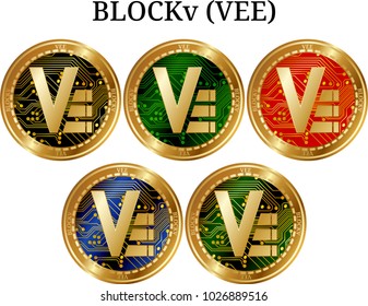 Set of physical golden coin BLOCKv (VEE), digital cryptocurrency. BLOCKv (VEE) icon set. Vector illustration isolated on white background.