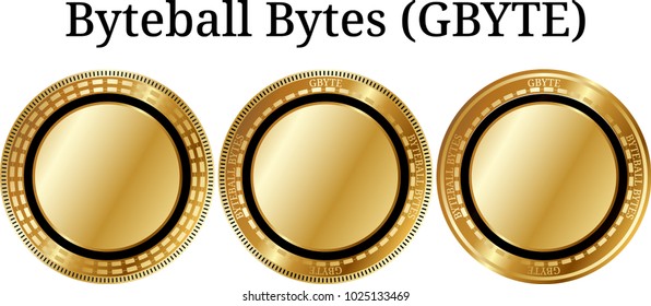 Set of physical golden coin Byteball Bytes (GBYTE), digital cryptocurrency. Byteball Bytes (GBYTE) icon set. Vector illustration isolated on white background.