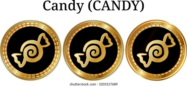 Set of physical golden coin Candy (CANDY), digital cryptocurrency. Candy (CANDY) icon set. Vector illustration isolated on white background.