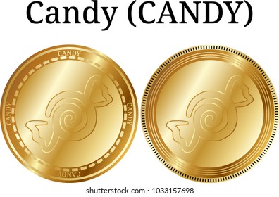 Set of physical golden coin Candy (CANDY), digital cryptocurrency. Candy (CANDY) icon set. Vector illustration isolated on white background.
