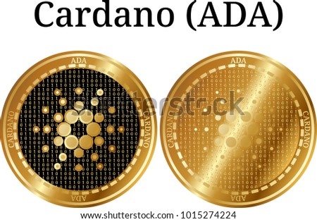 Set of physical golden coin Cardano (ADA), digital cryptocurrency. Cardano (ADA) icon set. Vector illustration isolated on white background.
