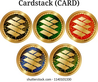 Set of physical golden coin Cardstack (CARD), digital cryptocurrency.  icon set. Vector illustration isolated on white background.
