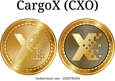 Set of physical golden coin CargoX (CXO), digital cryptocurrency. CargoX (CXO) icon set. Vector illustration isolated on white background.