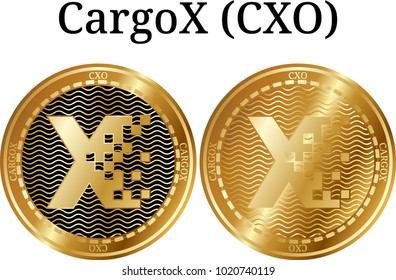 Set of physical golden coin CargoX (CXO), digital cryptocurrency. CargoX (CXO) icon set. Vector illustration isolated on white background.