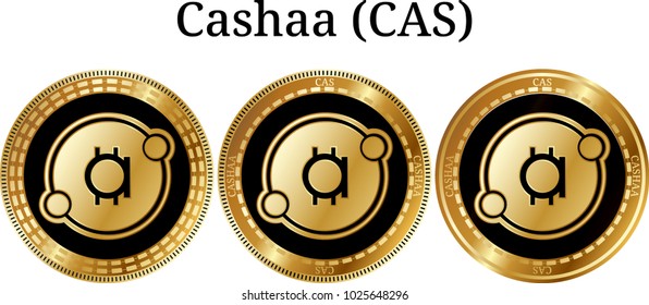 Set of physical golden coin Cashaa (CAS), digital cryptocurrency. Cashaa (CAS) icon set. Vector illustration isolated on white background.