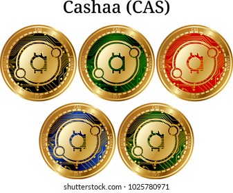 Set of physical golden coin Cashaa (CAS), digital cryptocurrency. Cashaa (CAS) icon set. Vector illustration isolated on white background.