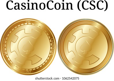 Set of physical golden coin CasinoCoin (CSC), digital cryptocurrency. CasinoCoin (CSC) icon set. Vector illustration isolated on white background.