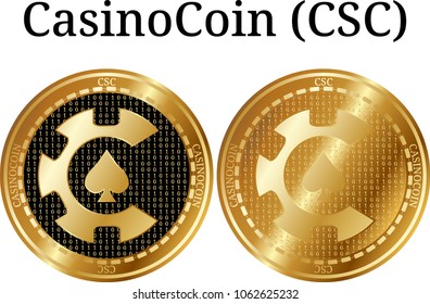 Set of physical golden coin CasinoCoin (CSC), digital cryptocurrency. CasinoCoin (CSC) icon set. Vector illustration isolated on white background.