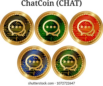 Set of physical golden coin ChatCoin (CHAT), digital cryptocurrency. ChatCoin (CHAT) icon set. Vector illustration isolated on white background.