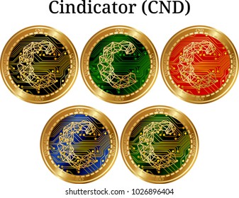 Set of physical golden coin Cindicator (CND), digital cryptocurrency. Cindicator (CND) icon set. Vector illustration isolated on white background.