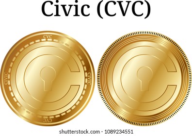 Set of physical golden coin Civic (CVC), digital cryptocurrency. Civic (CVC) icon set. Vector illustration isolated on white background.