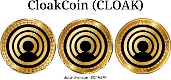 Set of physical golden coin CloakCoin (CLOAK), digital cryptocurrency. CloakCoin (CLOAK) icon set. Vector illustration isolated on white background.