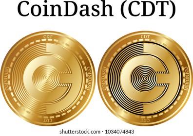 Set of physical golden coin CoinDash (CDT), digital cryptocurrency. CoinDash (CDT) icon set. Vector illustration isolated on white background.