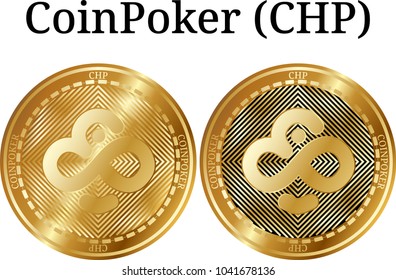 Set of physical golden coin CoinPoker (CHP), digital cryptocurrency. CoinPoker (CHP) icon set. Vector illustration isolated on white background.