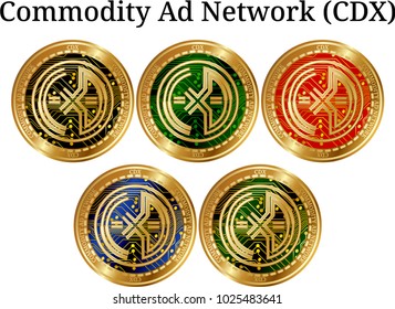 Set of physical golden coin Commodity-Ad-Network (CDX), digital cryptocurrency. Commodity-Ad-Network (CDX) icon set. Vector illustration isolated on white background.