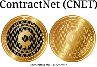 Set of physical golden coin ContractNet (CNET), digital cryptocurrency.  icon set. Vector illustration isolated on white background.