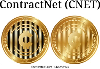Set of physical golden coin ContractNet (CNET), digital cryptocurrency.  icon set. Vector illustration isolated on white background.