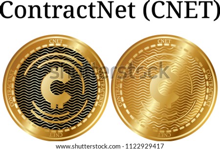 Set of physical golden coin ContractNet (CNET), digital cryptocurrency.  icon set. Vector illustration isolated on white background.